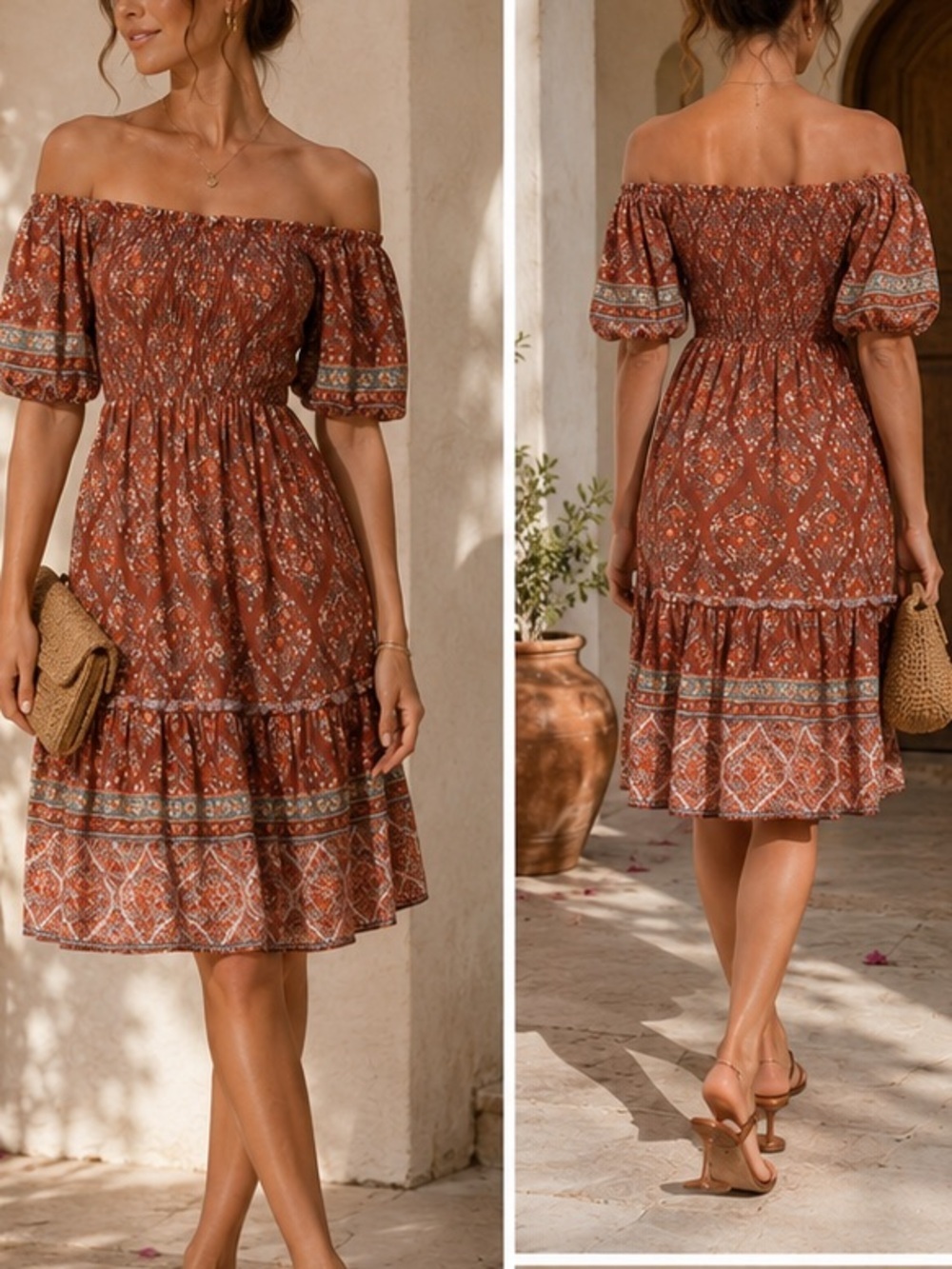 IRIS MAXI smocked midi dress boho prairie puff sleeve off the shoulder Size XS